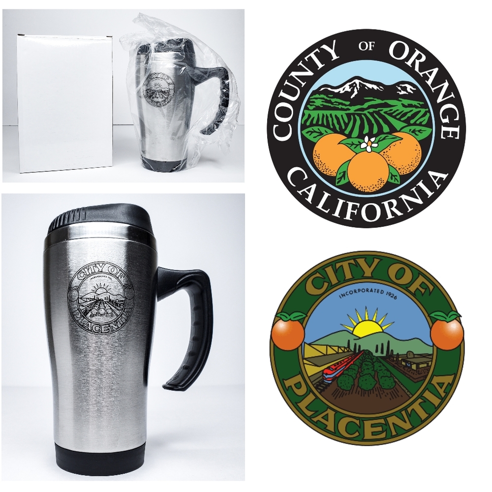 🏷NWT! Placentia City Seal Brushed Stainless Steel Black Travel Thermos Mug
